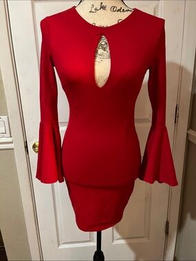 bebe Red Mini Dress with Keyhole and Bell Sleeves